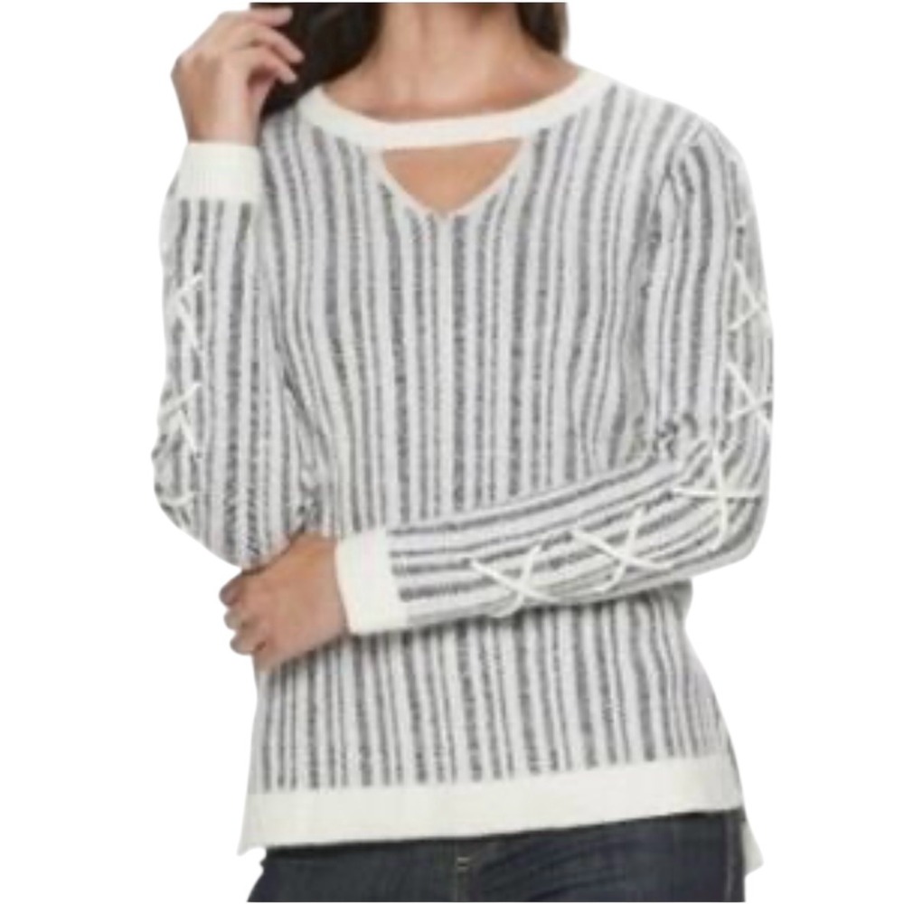 Rock & Republic Sweater Womens Small Black White Striped Lace Up Sleeve Cutout